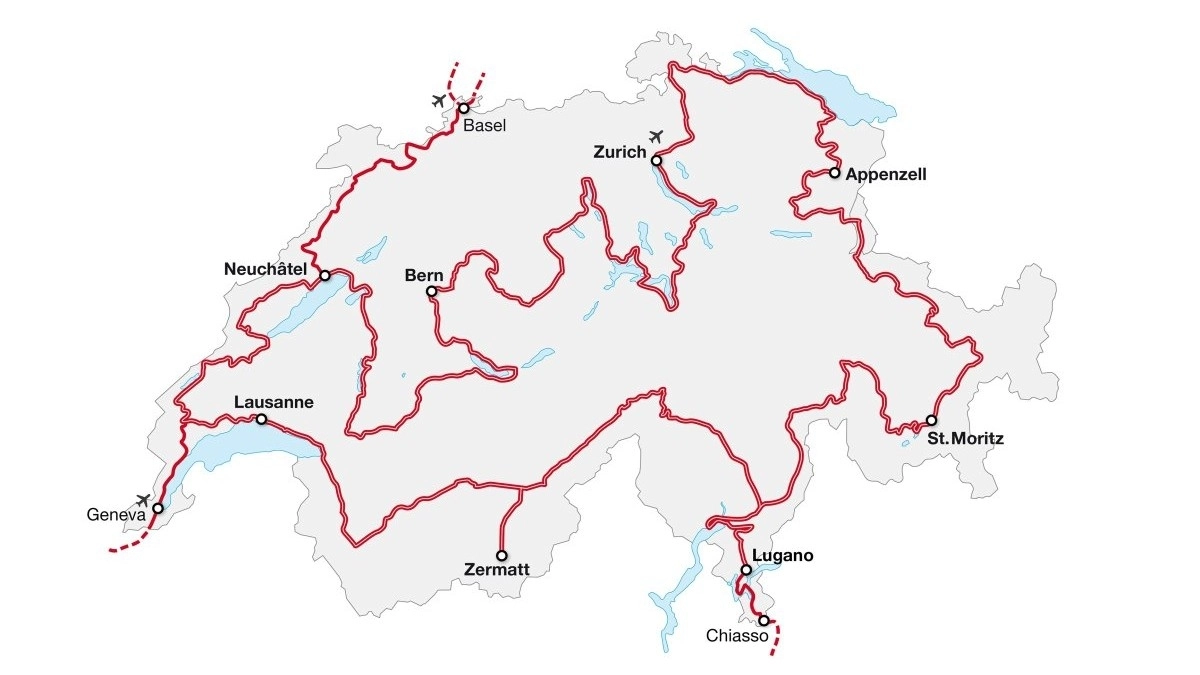 Tak przebiega licząca 1643 km trasa Grand Tour of Switzerland.