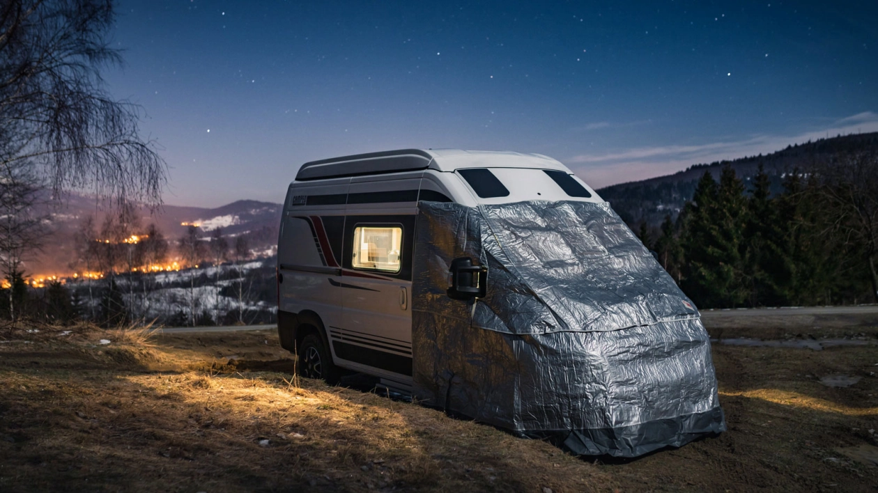 Bürstner Campeo 4×4 okryty do snu. Najwięcej ciepła traci się przez szoferkę, zatem wskazane jest używanie mat izolacyjnych. Fiammę Thermoglas rozkłada się łatwo i szybko. Pojazd i akcesoria dostarczyła do wykonania materiału firma Elcamp.