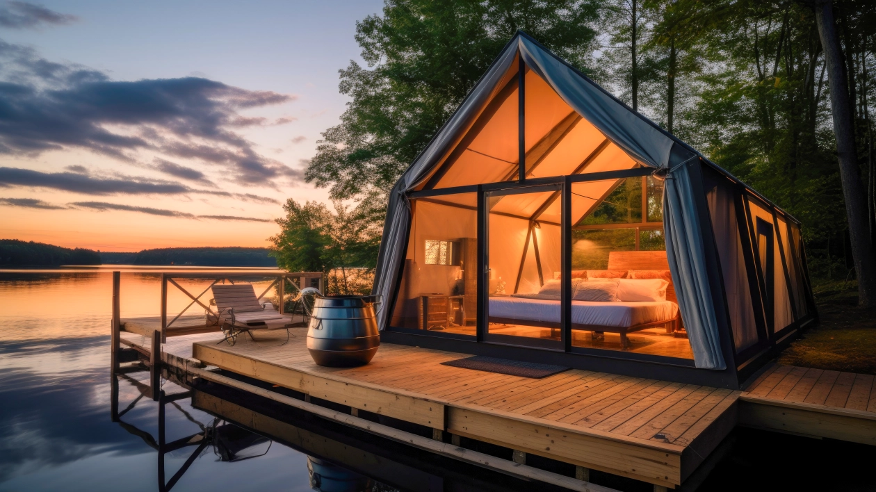 Nowoczesny glamping nad jeziorem.