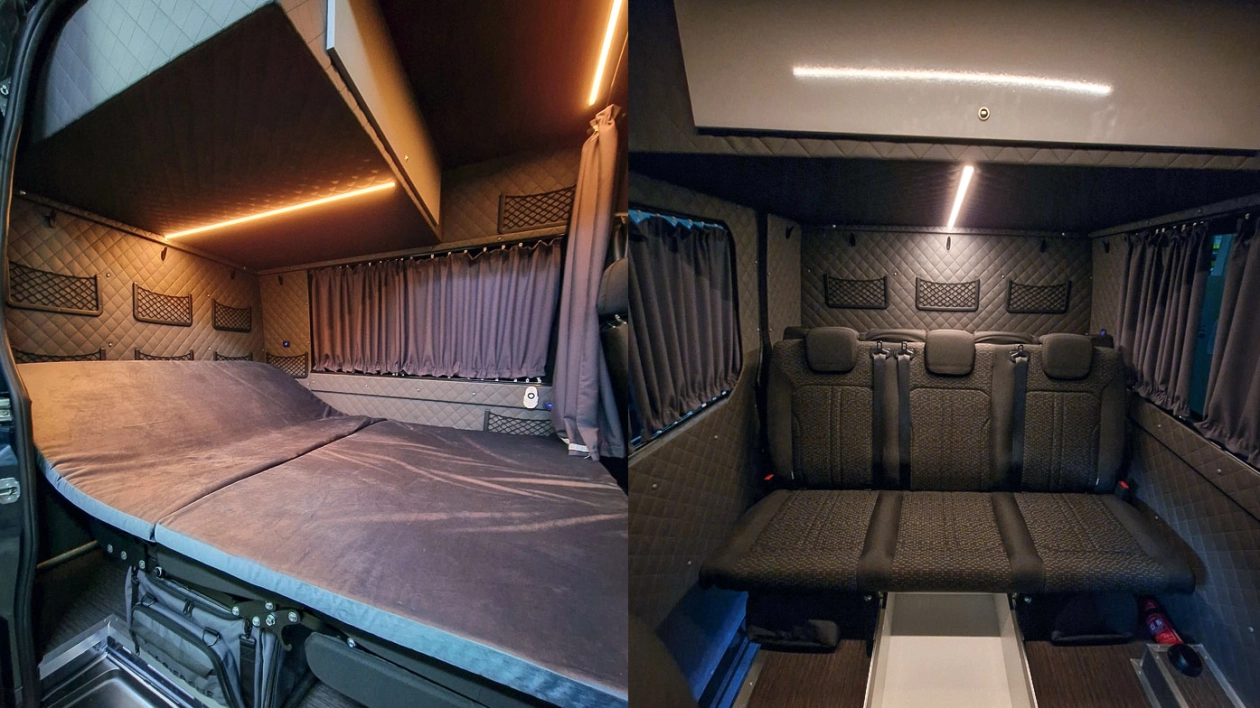 SAF 43 – nowy model kanapy typu 3-panel z funkcją spania (tu w kampervanie zrealizowanym na furgonie Mercedes Sprinter)