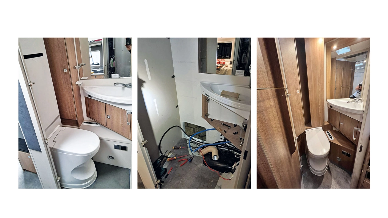 Zgodnie ze sztuką i z prawidłami ergonomii rozpoczynamy modernizację od demontażu łazienki. Cinderella jest nieco większa od WC z kasetą, więc może się stać przykrą niespodzianką, uniemożliwiającą zamknięcie drzwi do toalety. Klient ostatecznie zdał się na fachowość serwisu z Knurowa, który rozpoczął poprawki od zdemontowania szafek