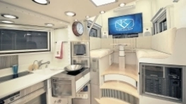 Kuchenne zapasy wystarczą na dwa do trzech tygodni dla całej rodziny. Na dłuższe wyjazdy można usunąć część urządzeń kuchennych, by zwiększyć miejsce na przechowywanie zapasów. Z uzupełnionymi zapasami KiraVanem można podróżować do 2000 mil i jeździć po drogach o nachyleniu do 45 stopni! - zdjęcie 6