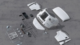 Campervan z Caselani Automobili, czyli tylko obudowana kabina stylizowana jest na historyczną furgonetkę, reszta półzintegrowanego kampera pozostaje bez zmian. Na zdjęciu obok: zestaw elementów użytych do metamorfozy kabiny - zdjęcie 8