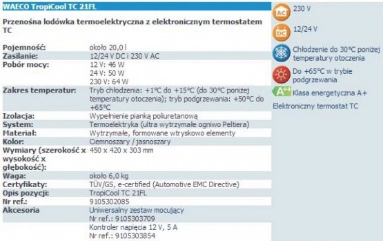                         Przenośna lodówka termoelektryczna z elektronicznym termostatem TropiCool TC 21FL - zdjęcie 3
                        