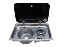                         KUCHENKA GAZOWA JEDNO-PALNIKOWA ZE ZLEWOZMYWAKIE Z LEWEJ STRONY I POKRYWĄ Z HARTOWANEGO SZKŁA DO PRZYCZEPY KEMPINGOWEJ LUB KAMPERA - 2W1 / MATERIAŁ - STAL NIERDZEWNA A2 (AISI 304) + SZKŁO - zdjęcie 1
                        