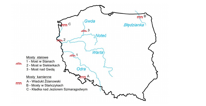 Mosty w Stańczykach - mapa dawnych linii kolejowych 
